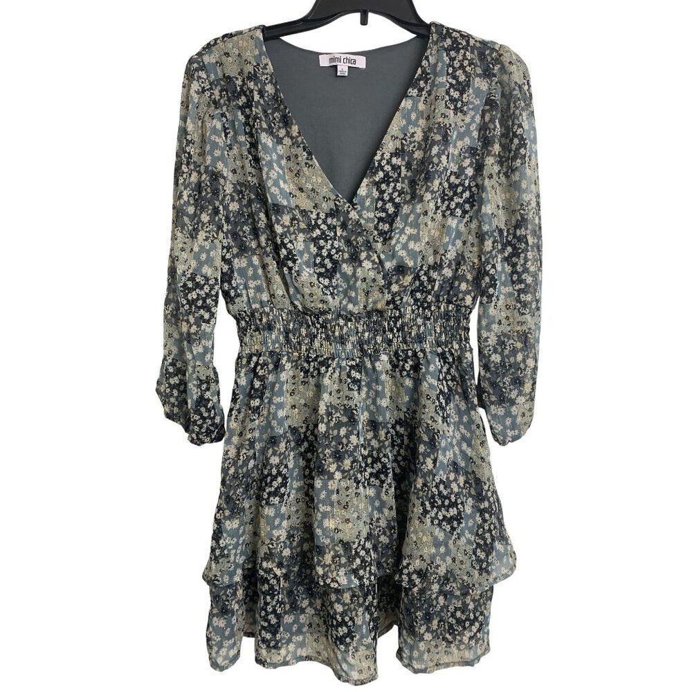 Mimi Chica Size L Floral Patchwork Sheer Smocked Midi‎ Dress Feminine